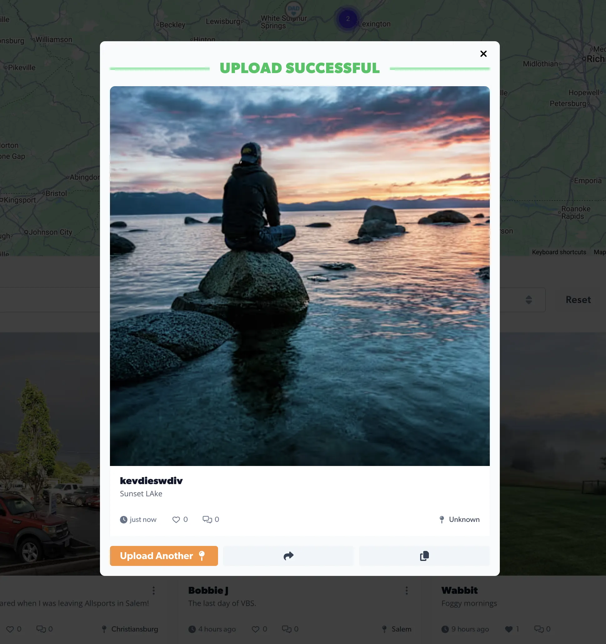 Mobile view of pin upload success modal